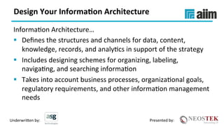 Underwri(en	by:	 Presented	by:	
Design	Your	Informa(on	Architecture	
InformaXon	Architecture…	
§  Deﬁnes	the	structures	and	channels	for	data,	content,	
knowledge,	records,	and	analyXcs	in	support	of	the	strategy	
§  Includes	designing	schemes	for	organizing,	labeling,	
navigaXng,	and	searching	informaXon	
§  Takes	into	account	business	processes,	organizaXonal	goals,	
regulatory	requirements,	and	other	informaXon	management	
needs	
 