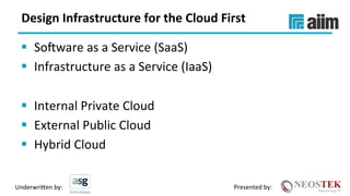 Underwri(en	by:	 Presented	by:	
Design	Infrastructure	for	the	Cloud	First	
§  Sojware	as	a	Service	(SaaS)	
§  Infrastructure	as	a	Service	(IaaS)	
§  Internal	Private	Cloud	
§  External	Public	Cloud	
§  Hybrid	Cloud	
 