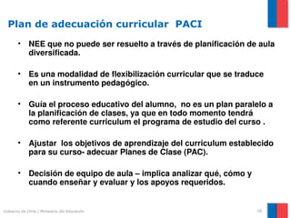 Plan de adecuación curricular PACI
       • NEE que no puede ser resuelto a través de planificación de aula 
         diversificada.

       • Es una modalidad de flexibilización curricular que se traduce 
         en un instrumento pedagógico.

       • Guía el proceso educativo del alumno,  no es un plan paralelo a 
         la planificación de clases, ya que en todo momento tendrá 
         como referente curriculum el programa de estudio del curso .

       • Ajustar  los objetivos de aprendizaje del curriculum establecido 
         para su curso­ adecuar Planes de Clase (PAC).

       • Decisión de equipo de aula – implica analizar qué, cómo y 
         cuando enseñar y evaluar y los apoyos requeridos.


Gobierno de Chile | Ministerio del Educación                          16
 