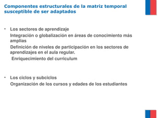 Componentes estructurales de la matriz temporal
susceptible de ser adaptados


•    Los sectores de aprendizaje
     Integración o globalización en áreas de conocimiento más 
     amplias
     Definición de niveles de participación en los sectores de 
     aprendizajes en el aula regular.
      Enriquecimiento del curriculum



•    Los ciclos y subciclos
     Organización de los cursos y edades de los estudiantes
 