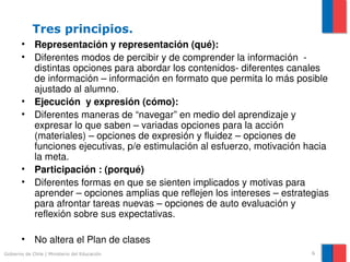 Tres principios.
       • Representación y representación (qué): 
       • Diferentes modos de percibir y de comprender la información  ­ 
         distintas opciones para abordar los contenidos­ diferentes canales 
         de información – información en formato que permita lo más posible 
         ajustado al alumno.
       • Ejecución  y expresión (cómo): 
       • Diferentes maneras de “navegar” en medio del aprendizaje y 
         expresar lo que saben – variadas opciones para la acción 
         (materiales) – opciones de expresión y fluidez – opciones de 
         funciones ejecutivas, p/e estimulación al esfuerzo, motivación hacia 
         la meta.
       • Participación : (porqué)
       • Diferentes formas en que se sienten implicados y motivas para 
         aprender – opciones amplias que reflejen los intereses – estrategias 
         para afrontar tareas nuevas – opciones de auto evaluación y 
         reflexión sobre sus expectativas.

       • No altera el Plan de clases
Gobierno de Chile | Ministerio del Educación                             6
 