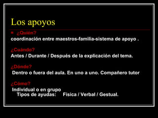 Los apoyos ¿Quién?  coordinación entre maestros-familia-sistema de apoyo . ¿Cuándo?  Antes / Durante / Después de la explicación del tema. ¿Dónde?  Dentro o fuera del aula. En uno a uno. Compañero tutor ¿Cómo?  Individual o en grupo Tipos de ayudas:  Física / Verbal / Gestual. 