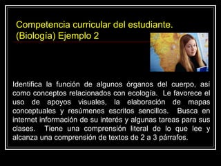 Identifica la función de algunos órganos del cuerpo, así como conceptos relacionados con ecología.  Le favorece el uso de apoyos visuales, la elaboración de mapas conceptuales y resúmenes escritos sencillos.  Busca en internet información de su interés y algunas tareas para sus clases.  Tiene una comprensión literal de lo que lee y alcanza una comprensión de textos de 2 a 3 párrafos.  Competencia curricular del estudiante. (Biología) Ejemplo 2 