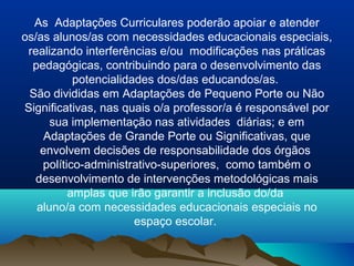 As Adaptações Curriculares poderão apoiar e atender
os/as alunos/as com necessidades educacionais especiais,
 realizando interferências e/ou modificações nas práticas
  pedagógicas, contribuindo para o desenvolvimento das
           potencialidades dos/das educandos/as.
 São divididas em Adaptações de Pequeno Porte ou Não
Significativas, nas quais o/a professor/a é responsável por
      sua implementação nas atividades diárias; e em
    Adaptações de Grande Porte ou Significativas, que
    envolvem decisões de responsabilidade dos órgãos
    político-administrativo-superiores, como também o
  desenvolvimento de intervenções metodológicas mais
          amplas que irão garantir a inclusão do/da
   aluno/a com necessidades educacionais especiais no
                       espaço escolar.
 