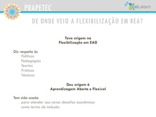 PRAPETEC
DE ONDE VEIO A FLEXIBILIZAÇÃO EM REA?
Teve origem na
Flexibilização em EAD
Diz respeito às
Políticas
Pedagogias
Teorias
Práticas
Técnicas
Deu origem à
Aprendizagem Aberta e Flexível
Tem sido usada
para atender aos novos desafios econômicos
como termo de inclusão
 