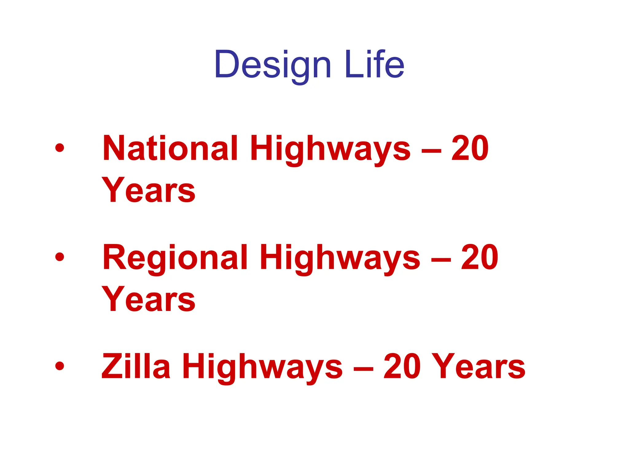 Design Life
• National Highways – 20
Years
• Regional Highways – 20
Years
• Zilla Highways – 20 Years
 