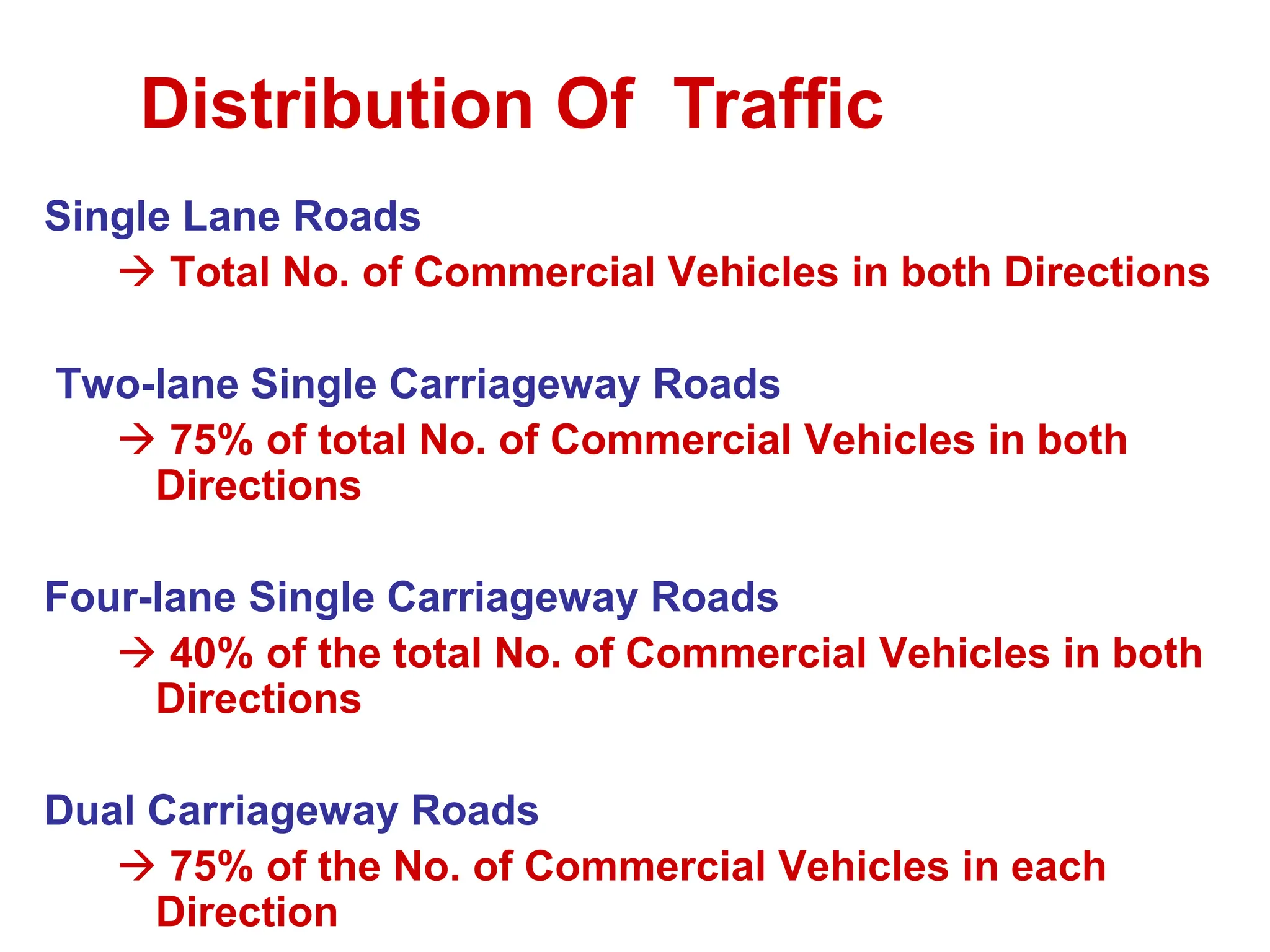 Single Lane Roads
 Total No. of Commercial Vehicles in both Directions
Two-lane Single Carriageway Roads
 75% of total No. of Commercial Vehicles in both
Directions
Four-lane Single Carriageway Roads
 40% of the total No. of Commercial Vehicles in both
Directions
Dual Carriageway Roads
 75% of the No. of Commercial Vehicles in each
Direction
Distribution Of Traffic
 
