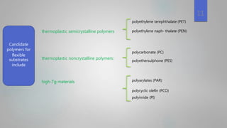 Candidate
polymers for
ﬂexible
substrates
include
thermoplastic semicrystalline polymers
polyethylene terephthalate (PET)
polyethylene naph- thalate (PEN)
thermoplastic noncrystalline polymers:
polycarbonate (PC)
polyethersulphone (PES)
high-Tg materials polyarylates (PAR)
polycyclic oleﬁn (PCO)
polyimide (PI)
11
 