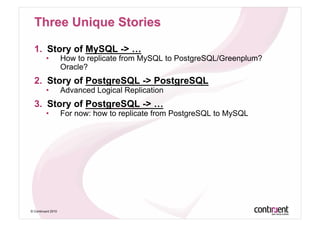1.  Story of MySQL -> …
         •          How to replicate from MySQL to PostgreSQL/Greenplum?
                    Oracle?
  2.  Story of PostgreSQL -> PostgreSQL
         •          Advanced Logical Replication
  3.  Story of PostgreSQL -> …
         •          For now: how to replicate from PostgreSQL to MySQL




© Continuent 2010
 