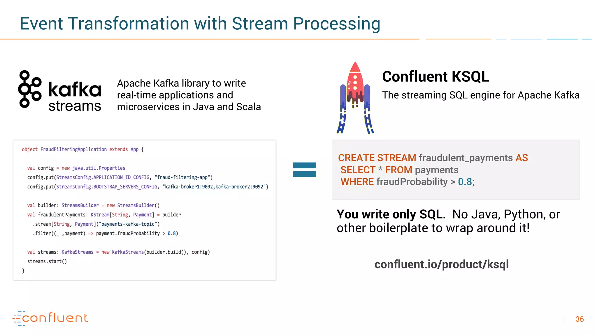36
streams
The streaming SQL engine for Apache Kafka
CREATE STREAM fraudulent_payments AS
SELECT * FROM payments
WHERE fraudProbability > 0.8;
Apache Kafka library to write
real-time applications and
microservices in Java and Scala
confluent.io/product/ksql
Confluent KSQL
You write only SQL. No Java, Python, or
other boilerplate to wrap around it!
Event Transformation with Stream Processing
 