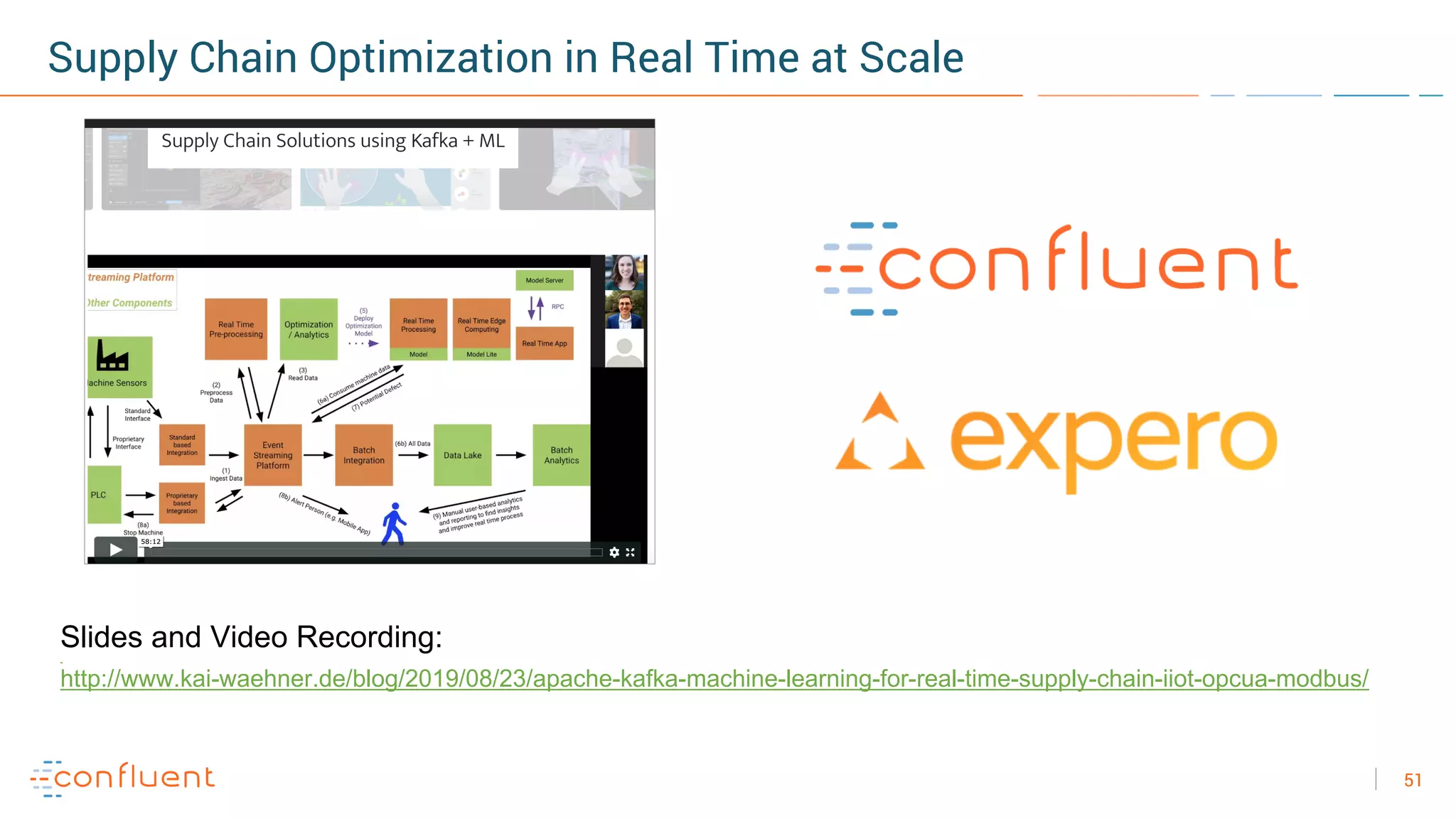 51
Supply Chain Optimization in Real Time at Scale
Slides and Video Recording:
http://www.kai-waehner.de/blog/2019/08/23/apache-kafka-machine-learning-for-real-time-supply-chain-iiot-opcua-modbus/
 
