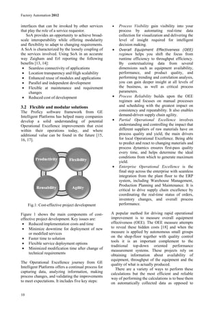 Factory Automation 2012

interfaces that can be invoked by other services       •   Process Visibility gain visibility into your
that play the role of a service requestor.                 process by automating real-time data
   SoA provides an opportunity to achieve broad-           collection for visualization and delivering the
scale interoperability while offering modularity           level of insight required for intelligent
and flexibility to adapt to changing requirements.         decision making.
A SoA is characterized by the loosely coupling of      •   Overall Equipment Effectiveness (OEE)
the services involved. Using SoA in an accurate            regimen helps you shift the focus from
way Zaigham and Erl reporting the following                runtime efficiency to throughput efficiency.
benefits [13, 14]:                                         By contextualizing data from several
 • Seamless connectivity of applications                   dimensions such as equipment availability,
 • Location transparency and High scalability              performance, and product quality, and
 • Enhanced reuse of modules and applications              performing trending and correlation analysis,
 • Parallel and independent development                    you can gain deeper insight at all levels of
 • Flexible at maintenance and requirement                 the business, as well as critical process
     changes                                               parameters.
 • Reduced cost of development                         •   Process Reliability builds upon the OEE
                                                           regimen and focuses on manual processes
3.2 Flexible and modular solutions                         and scheduling with the greatest impact on
The Proficy software framework from GE                     consistency and repeatability. It also enables
Intelligent Platforms has helped many companies            demand-driven supply chain agility.
develop a solid understanding of potential             •   Partial Operational Excellence involves
Operational Excellence improvements that exist             understanding and controlling the impact that
within their operations today, and where                   different suppliers of raw materials have on
additional value can be found in the future [15,           process quality and yield, the main drivers
16, 17].                                                   for local Operational Excellence. Being able
                                                           to predict and react to changing materials and
                                                           process dynamics ensures first-pass quality
                                                           every time, and helps determine the ideal
                                                           conditions from which to generate maximum
                                                           yield.
                                                       •   Enterprise Operational Excellence is the
                                                           final step across the enterprise with seamless
                                                           integration from the plant floor to the ERP
                                                           system, including Warehouse Management,
                                                           Production Planning and Maintenance. It is
                                                           critical to drive supply chain excellence by
                                                           coordinating the real-time status of orders,
                                                           inventory changes, and overall process
     Fig.1: Cost-effective project development             performance.

Figure 1 shows the main components of cost-            A popular method for driving rapid operational
effective project development. Key issues are:         improvement is to measure overall equipment
 • Reduced implementation costs and time               effectiveness (OEE). The OEE measure attempts
 • Minimize downtime for deployment of new             to reveal these hidden costs [18] and when the
     or modified services                              measure is applied by autonomous small groups
 • Faster time to solution                             on the shop-floor together with quality control
                                                       tools it is an important complement to the
 • Flexible service deployment options
                                                       traditional top-down oriented performance
 • Minimized modification time after change of
                                                       measurement systems. These projects rely on
     technical requirements
                                                       obtaining information about availability of
                                                       equipment, throughput of the equipment and the
The Operational Excellence journey from GE
                                                       quality of what is actually produced.
Intelligent Platforms offers a continual process for
                                                          There are a variety of ways to perform these
capturing data, analyzing information, making
                                                       calculations but the most efficient and reliable
process changes, and validating the improvements
                                                       way of performing the calculations is to base them
to meet expectations. It includes five key steps:
                                                       on automatically collected data as opposed to

10
 