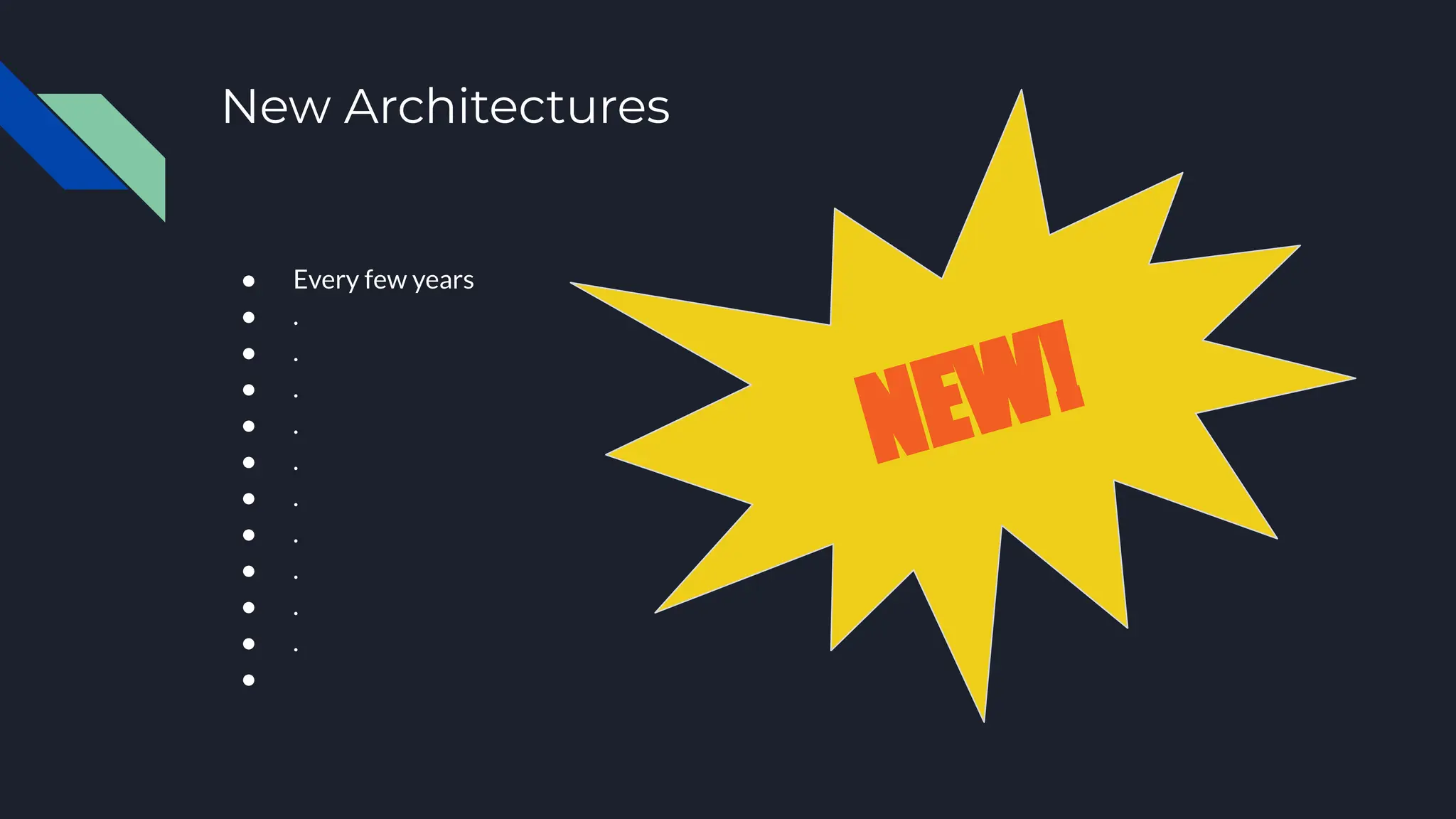 New Architectures
● Every few years
● .
● .
● .
● .
● .
● .
● .
● .
● .
● .
●
NEW!
 