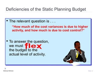 Deficiencies of the Static Planning Budget

     The relevant question is .. .. ..
     The relevant question is
              “How much of the cost variances is due to higher
              “How much of the cost variances is due to higher
              activity, and how much is due to cost control?”
              activity, and how much is due to cost control?”


     To answer the question,
     To answer the question,
      we must
       we must
      the budget to the
       the budget to the
      actual level of activity..
       actual level of activity



McGraw-Hill/Irwin                                            Slide 12
 