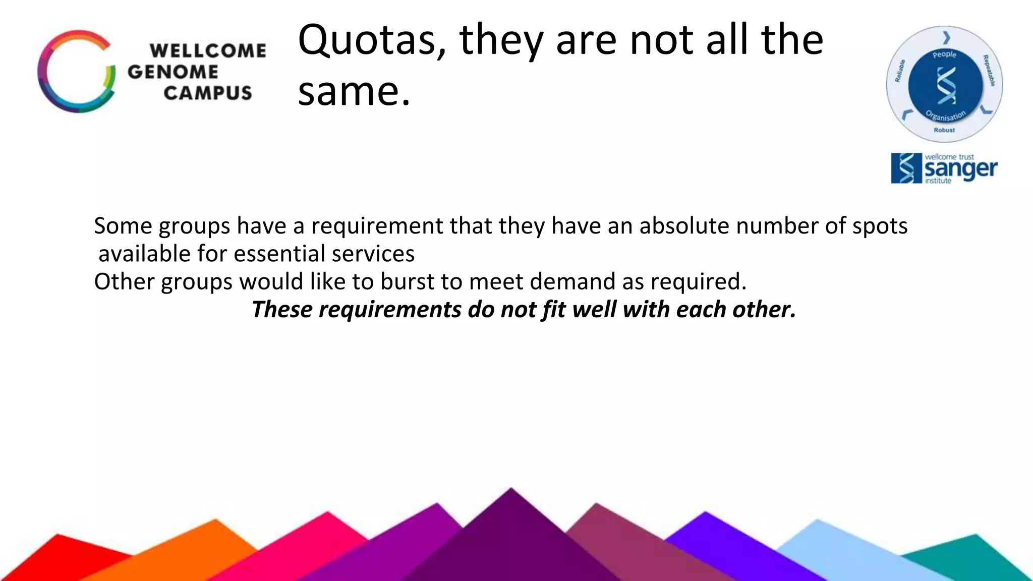 Quotas, they are not all the
same.
Some groups have a requirement that they have an absolute number of spots
available for essential services
Other groups would like to burst to meet demand as required.
These requirements do not fit well with each other.
 