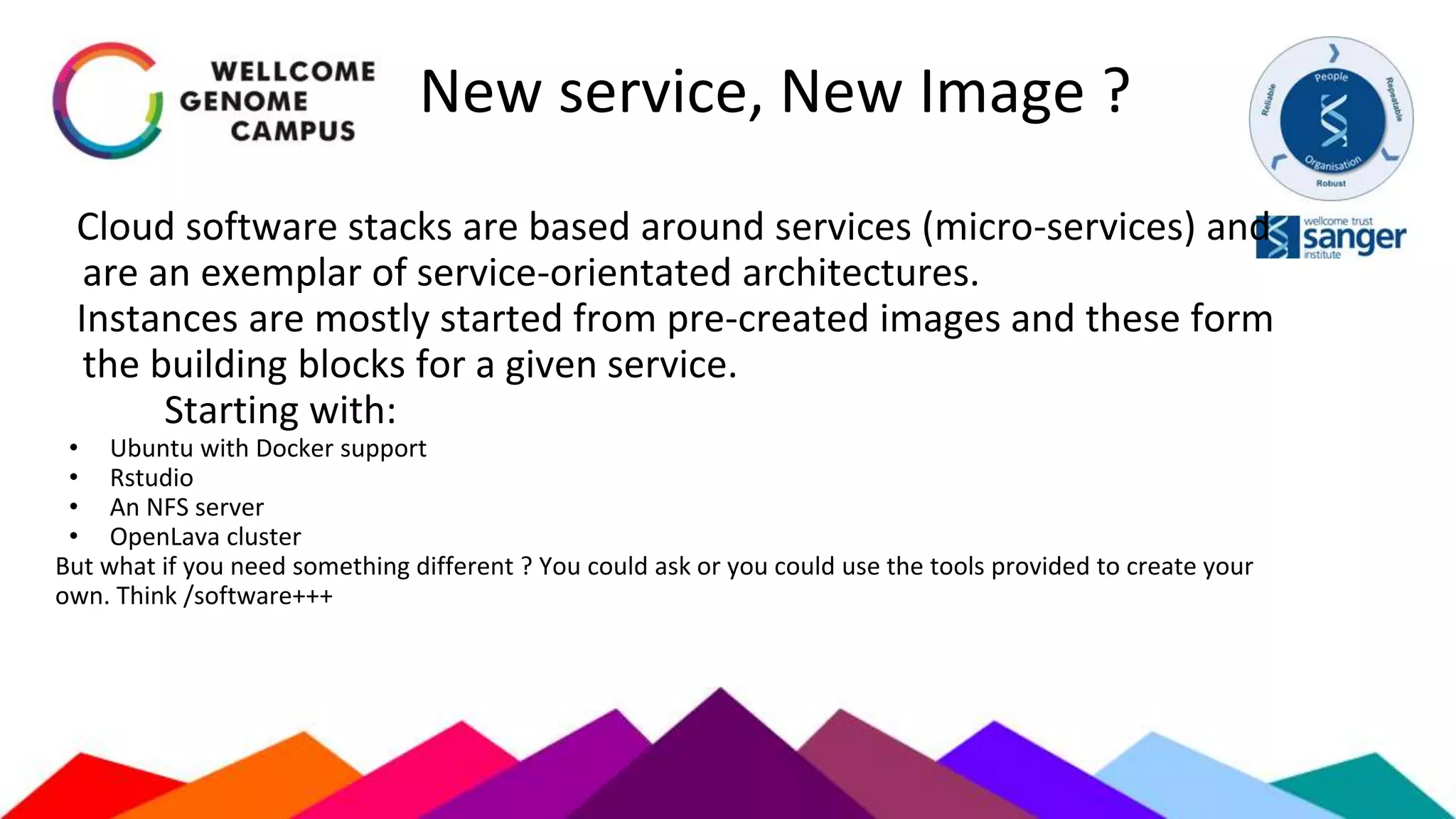 New service, New Image ?
Cloud software stacks are based around services (micro-services) and
are an exemplar of service-orientated architectures.
Instances are mostly started from pre-created images and these form
the building blocks for a given service.
Starting with:
• Ubuntu with Docker support
• Rstudio
• An NFS server
• OpenLava cluster
But what if you need something different ? You could ask or you could use the tools provided to create your
own. Think /software+++
 