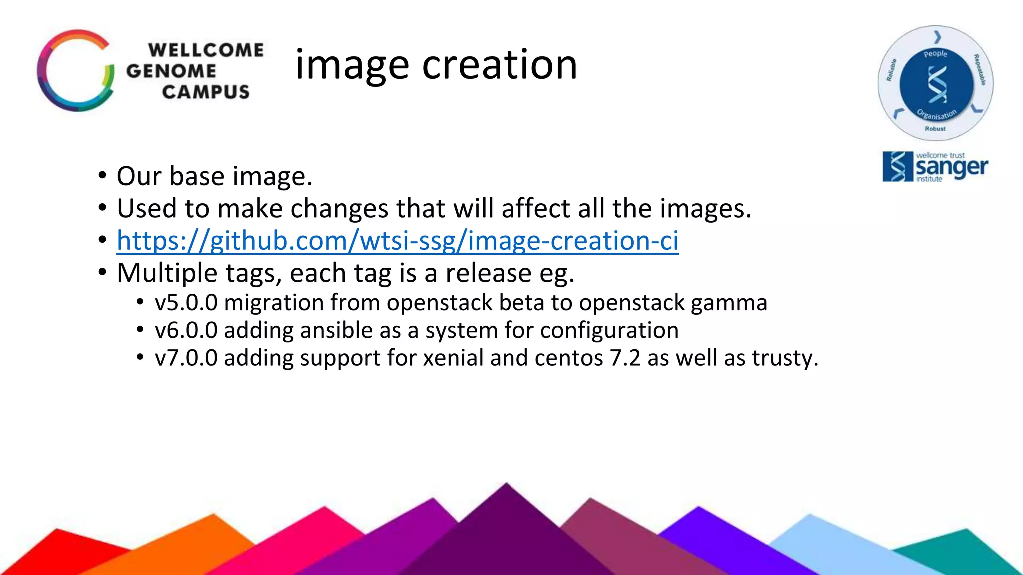 image creation
• Our base image.
• Used to make changes that will affect all the images.
• https://github.com/wtsi-ssg/image-creation-ci
• Multiple tags, each tag is a release eg.
• v5.0.0 migration from openstack beta to openstack gamma
• v6.0.0 adding ansible as a system for configuration
• v7.0.0 adding support for xenial and centos 7.2 as well as trusty.
 