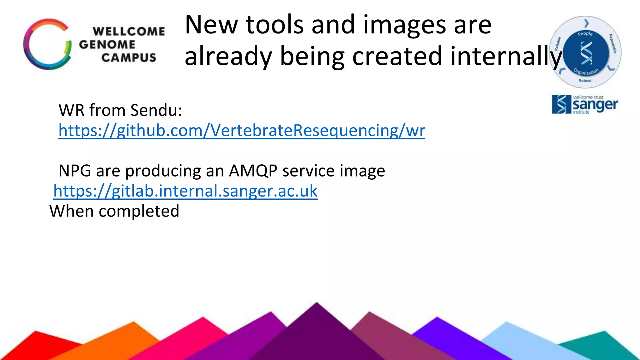 New tools and images are
already being created internally
WR from Sendu:
https://github.com/VertebrateResequencing/wr
NPG are producing an AMQP service image
https://gitlab.internal.sanger.ac.uk
When completed
 