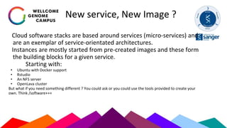 New service, New Image ?
Cloud software stacks are based around services (micro-services) and
are an exemplar of service-orientated architectures.
Instances are mostly started from pre-created images and these form
the building blocks for a given service.
Starting with:
• Ubuntu with Docker support
• Rstudio
• An NFS server
• OpenLava cluster
But what if you need something different ? You could ask or you could use the tools provided to create your
own. Think /software+++
 