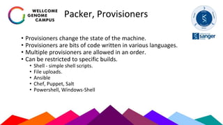 Packer, Provisioners
• Provisioners change the state of the machine.
• Provisioners are bits of code written in various languages.
• Multiple provisioners are allowed in an order.
• Can be restricted to specific builds.
• Shell - simple shell scripts.
• File uploads.
• Ansible
• Chef, Puppet, Salt
• Powershell, Windows-Shell
 
