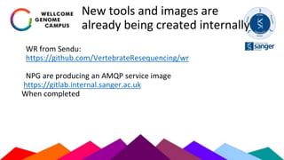 New tools and images are
already being created internally
WR from Sendu:
https://github.com/VertebrateResequencing/wr
NPG are producing an AMQP service image
https://gitlab.internal.sanger.ac.uk
When completed
 