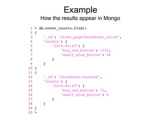 Example
       How the results appear in Mongo
 1   > db.event_counts.find()
 2   {
 3       "_id": "front_page/broadcast_click",
 4       "counts": {
 5           "2010-04-20": {
 6               "big_red_button": 1231,
 7               "small_blue_button": 86
 8           }
 9       }
10   }
11   {
12       "_id": "broadcast/started",
13       "counts": {
14           "2010-04-20": {
15               "big_red_button": 72,
16               "small_blue_button": 6
17           }
18       }
19   }
20   >
 