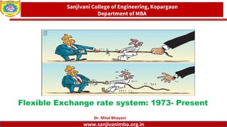 www.sanjivanimba.org.inwww.sanjivanimba.org.inDept. of MBA, Sanjivani COE, Kopargaon
308FIN-INTERNATIONAL FINANCE
Dr. Mital Bhayani
Flexible Exchange rate system: 1973- Present
1
SanjivaniCollegeofEngineering,Kopargaon
DepartmentofMBA
www.sanjivanimba.org.in
 