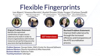 Flexible Fingerprints
Lee Alpert | Vanessa Bernick | Ayelet Drazen | Kate Yeager | Corinne Zanolli
Original Problem Statement:
Identify the optimized
combination of open source
cybersecurity tools in order to
ensure organizations with limited
resources are performing security
assurance during development.
Revised Problem Statement:
Improve DoD cybersecurity
through the increased
efficiency and transparency of
the ATO accreditation
process.
107 Interviews
Problem Sponsor: George Huber, NSA’s Center for Assured Software
Defense Mentors: Donnie Hasseltine & Mike Hoeschele
Business Mentor: Katherine Tobin
Teaching Assistant: Sally Egan
B.A. in History | Honors
in Int. Security (‘21)
B.A. in Political Science |
Honors in Int. Security (‘21)
B.A. in Political Science |
M.S. in CS (‘22)
MBA (‘22) | Former Navy
Cryptology Officer
B.S. in CS | M.S. in
MS&E (‘22)
 