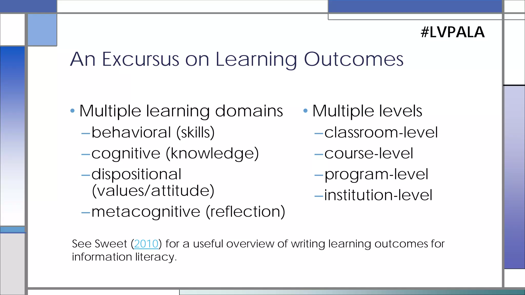 6 Frames, each with an IL concept,
Knowledge Practices, and Dispositions
Frames focus on the constructed and
contextual nature of authority,
information creation as a process, the
differing types of value placed on
information, research as inquiry,
scholarship as conversation, and
searching as strategic exploration.
IL learning outcomes are locally
developed, situated, and contextualized.
Framework for IL (2015)
5 Standards, each with Performance
Indicators and Outcomes
Standards focus on determining an
information need, and accessing,
evaluating, and using information
ethically to meet that need.
IL learning outcomes are standardized
and universal.
IL Standards (2000)
Standards to Framework
#LVPALA
 