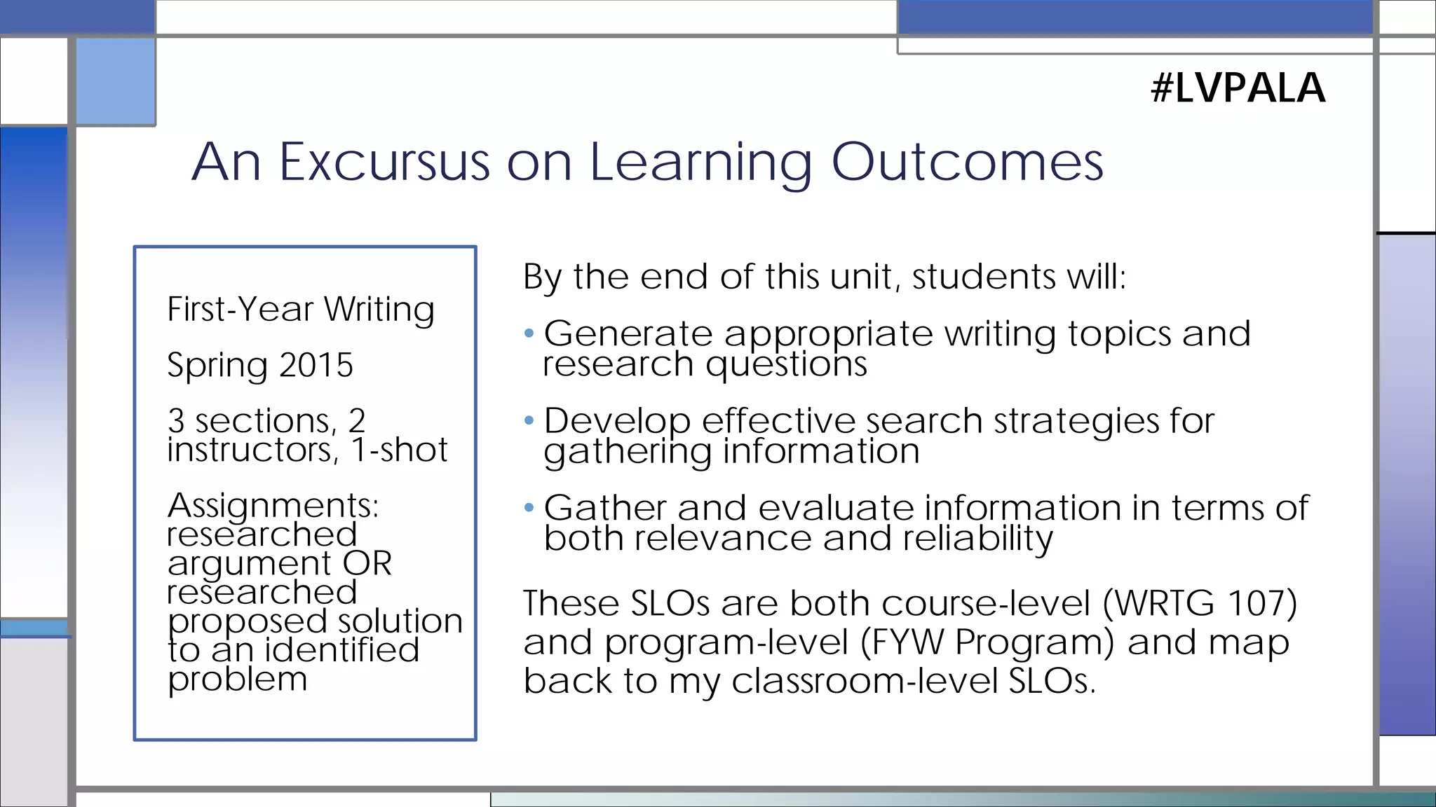 First-Year Writing
Spring 2015
3 sections, 2
instructors, 1-shot
Assignments:
researched
argument OR
researched
proposed solution
to an identified
problem
An Excursus on Learning Outcomes
#LVPALA
By the end of this information literacy instruction
session, students will:
• Brainstorm research questions, search terms, and
information types/formats related to their research
topics
• Identify search tools that match their information
need(s)
• Practice searching for and locating possible
information sources for their research projects
• Use the search process as an opportunity to
strategically explore their research topics and
questions
 