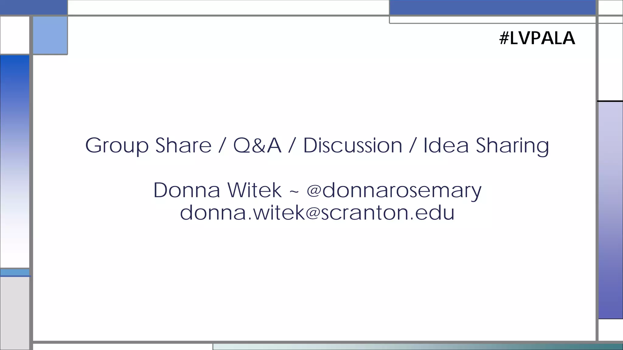 • What is one example in your
own IL work where this
concept is already addressed?
5 minutes
• Practice writing learning
outcomes for your conceptual
frame.
• Pick a context (classroom-
level, course-level, program-
level, institution-level)
• Pick a domain (skill,
knowledge, value/attitude,
metacognition)
10 minutes
• Divide into groups
• Pick a conceptual frame
–Authority is constructed and
contextual
–Information creation as a
process
–Information has value
–Research as inquiry
–Scholarship as conversation
–Searching as strategic
exploration
ACTIVITY
#LVPALA
 