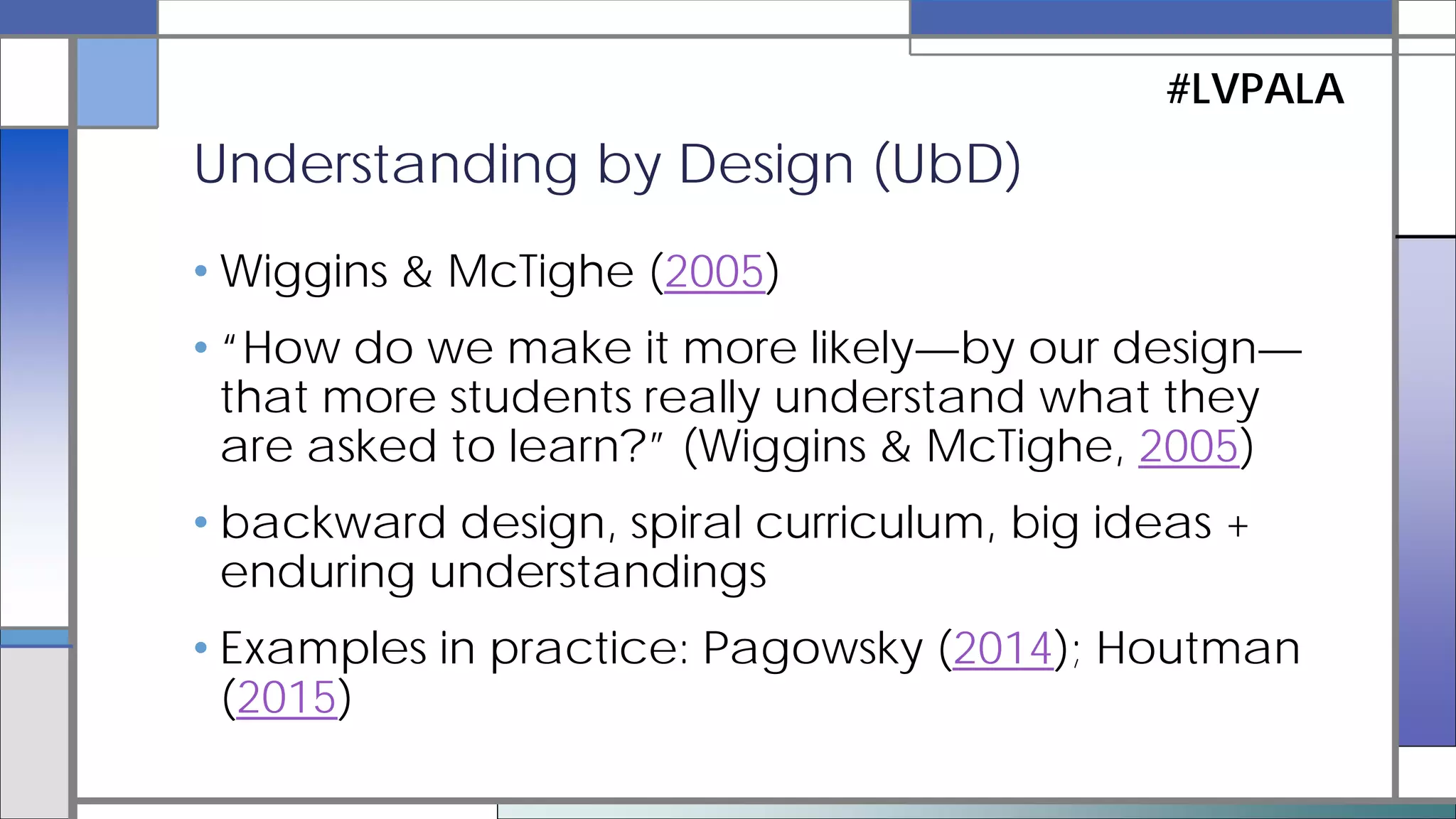 • Meyer & Land (2003); Brunetti, Hofer, & Townsend
(2015)
• “core ideas and processes that define the ways of
thinking and practicing for a discipline” (Townsend,
Brunetti, & Hofer, 2011)
• thresholds, liminality, stuck places, “ah ha” lightbulb
moments
• Examples in practice: Miller (2015); Goodman,
Godbey, & Wainscott (2015)
Threshold Concept Theory
#LVPALA
 