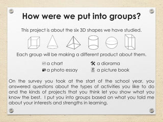How were we put into groups?
This project is about the six 3D shapes we have studied.
Each group will be making a different product about them.
a chart  a diorama
a photo essay  a picture book
On the survey you took at the start of the school year, you
answered questions about the types of activities you like to do
and the kinds of projects that you think let you show what you
know the best. I put you into groups based on what you told me
about your interests and strengths in learning.
 