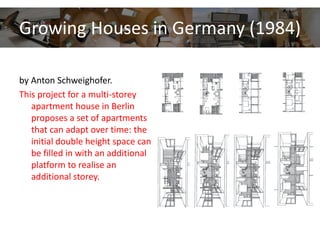 Growing Houses in Germany (1984)
by Anton Schweighofer.
This project for a multi-storey
apartment house in Berlin
proposes a set of apartments
that can adapt over time: the
initial double height space can
be filled in with an additional
platform to realise an
additional storey.
 