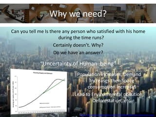 Can you tell me Is there any person who satisfied with his home
during the time runs?
Certainly doesn’t. Why?
Do we have an answer?
Why we need?
“Uncertainty of Human being”
Population increases, Demand
Increases then Space
consumption increases
Lead to Environmental pollution,
Deforestation, etc.
Source: http://economix.blogs.nytimes.com/2011/03/16/real-estate-crisis-it-depends-on-supply/
 