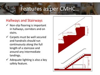 Features as per CMHC…
Hallways and Stairways
 Non-slip flooring is important
in hallways, corridors and on
stairs.
 Carpets must be well secured
and handrails should run
continuously along the full
length of a staircase and
around any intermediate
landings.
 Adequate lighting is also a key
safety feature.
 