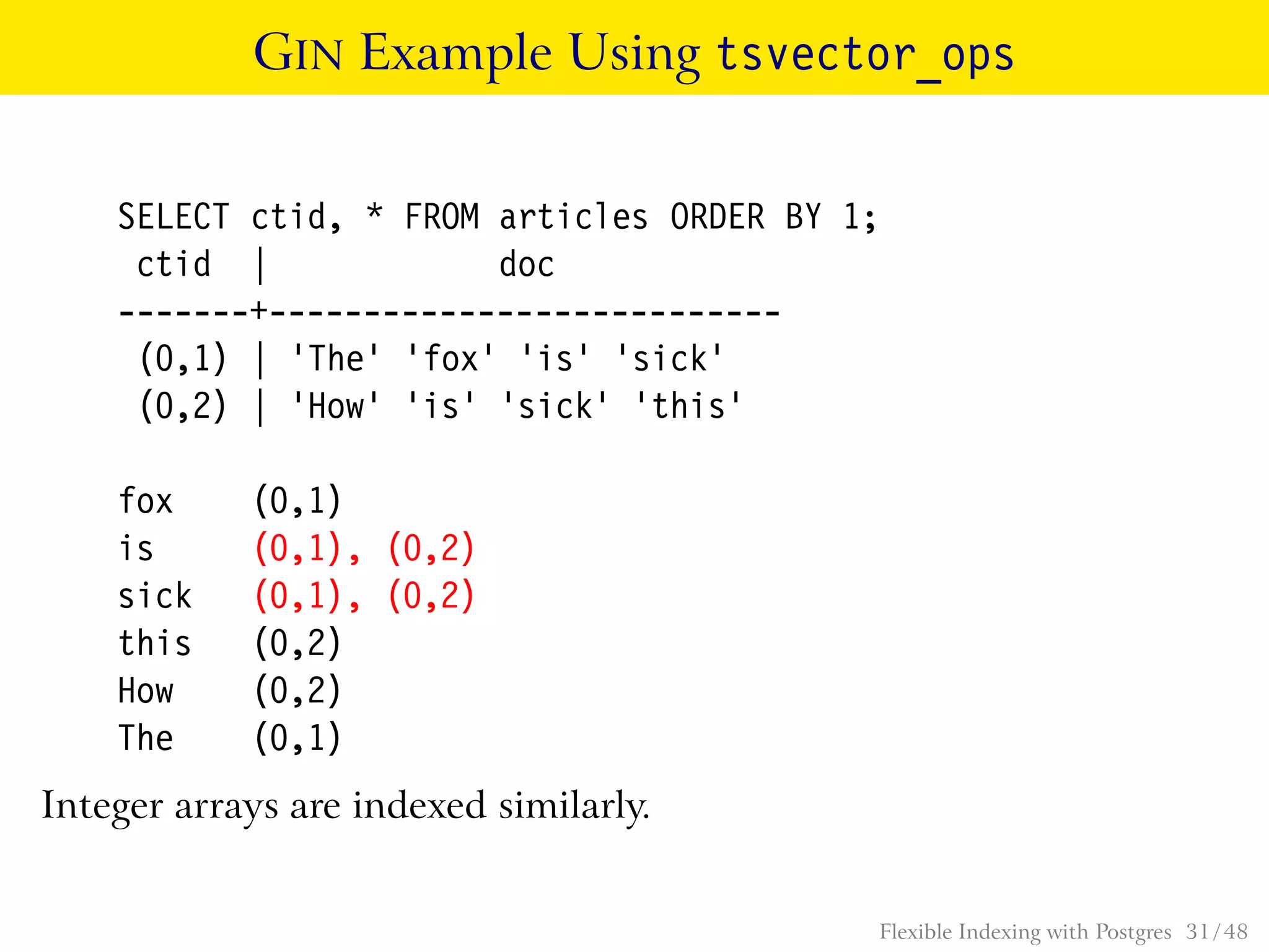 GIN Example Using tsvector_ops
SELECT ctid, * FROM articles ORDER BY 1;
ctid | doc
-------+---------------------------
(0,1) | ’The’ ’fox’ ’is’ ’sick’
(0,2) | ’How’ ’is’ ’sick’ ’this’
fox (0,1)
is (0,1), (0,2)
sick (0,1), (0,2)
this (0,2)
How (0,2)
The (0,1)
Integer arrays are indexed similarly.
Flexible Indexing with Postgres 31 / 48
 