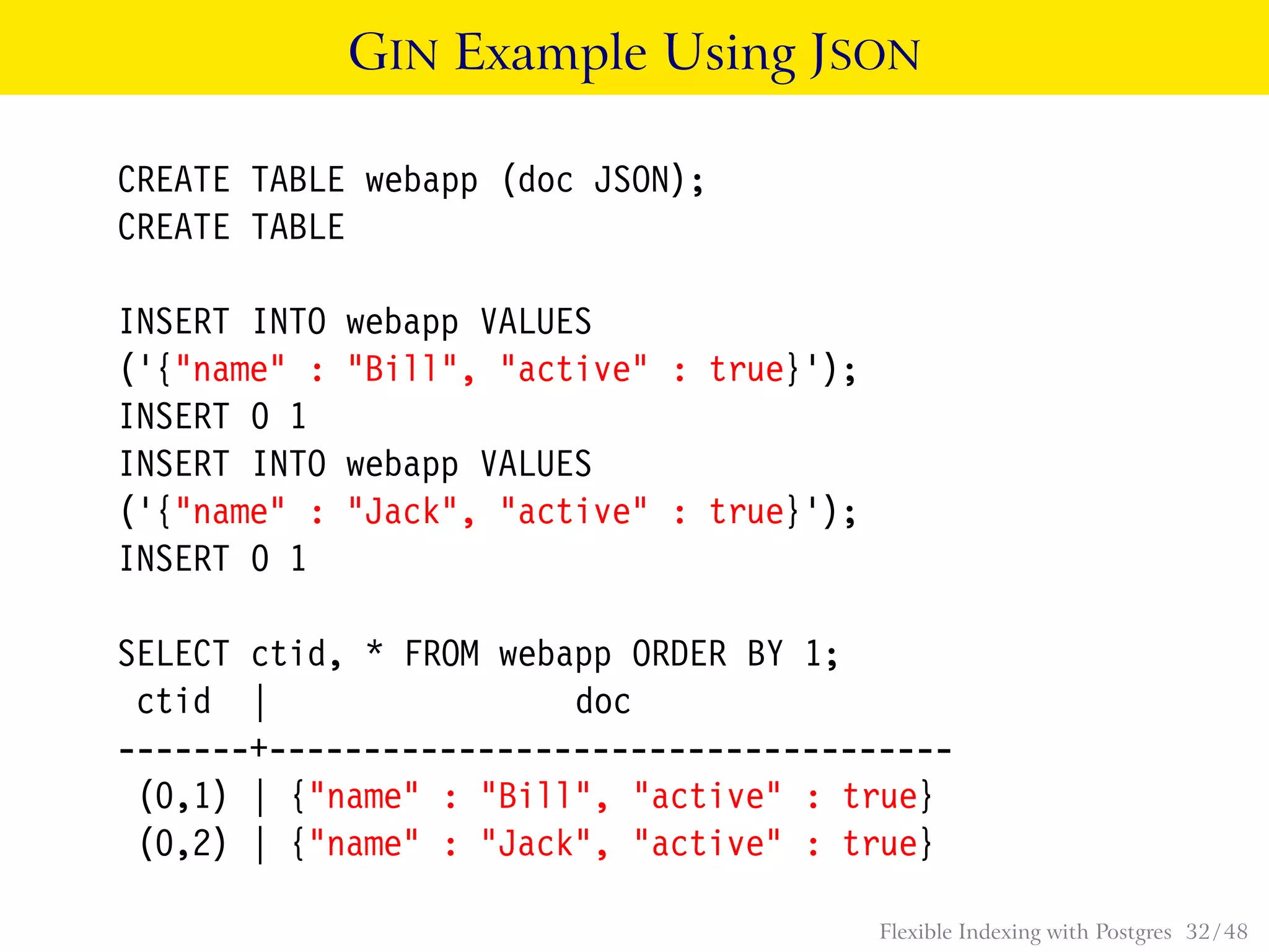 GIN Example Using JSON
CREATE TABLE webapp (doc JSON);
CREATE TABLE
INSERT INTO webapp VALUES
(’{"name" : "Bill", "active" : true}’);
INSERT 0 1
INSERT INTO webapp VALUES
(’{"name" : "Jack", "active" : true}’);
INSERT 0 1
SELECT ctid, * FROM webapp ORDER BY 1;
ctid | doc
-------+------------------------------------
(0,1) | {"name" : "Bill", "active" : true}
(0,2) | {"name" : "Jack", "active" : true}
Flexible Indexing with Postgres 32 / 48
 