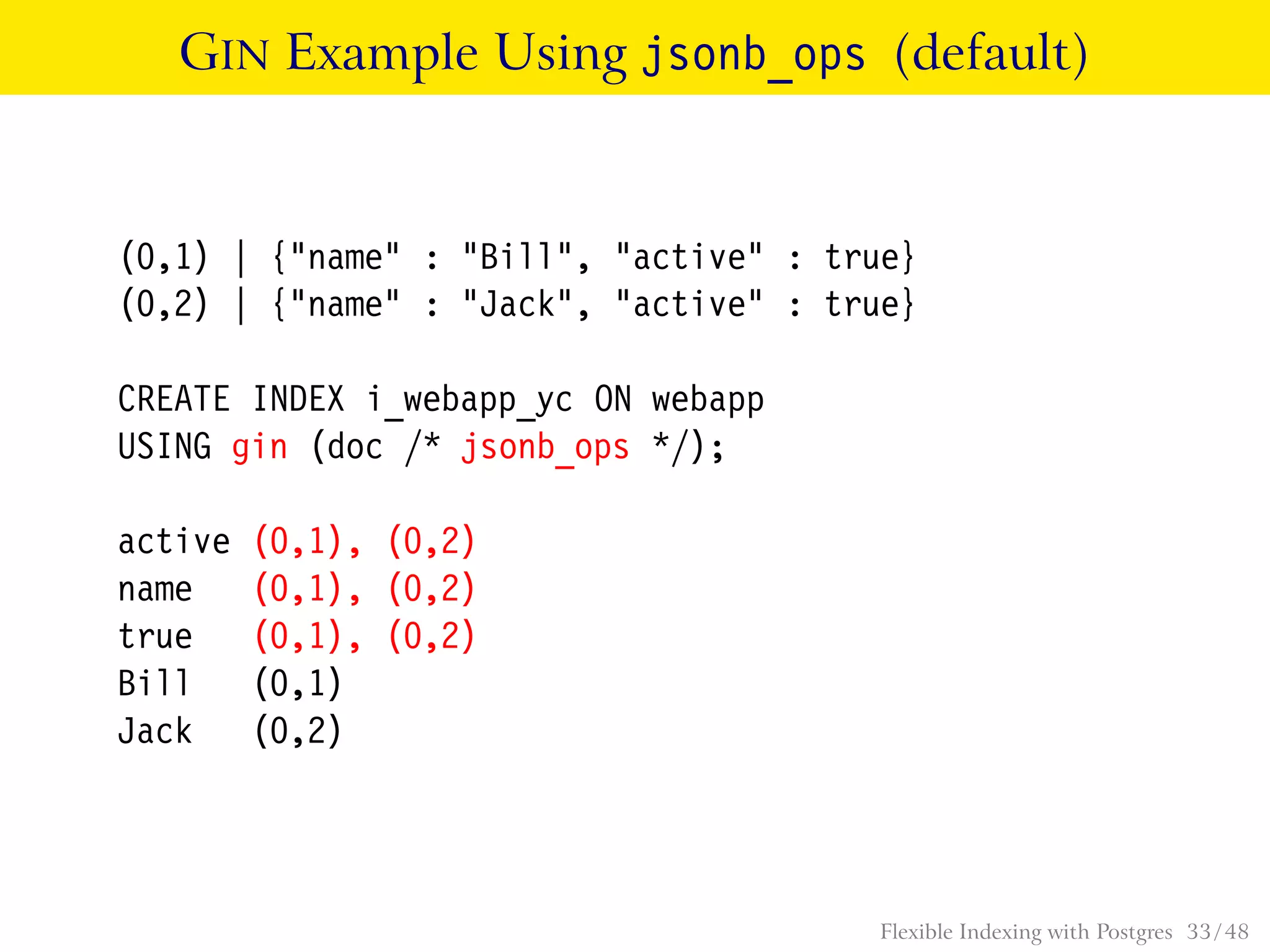 GIN Example Using jsonb_ops (default)
(0,1) | {"name" : "Bill", "active" : true}
(0,2) | {"name" : "Jack", "active" : true}
CREATE INDEX i_webapp_yc ON webapp
USING gin (doc /* jsonb_ops */);
active (0,1), (0,2)
name (0,1), (0,2)
true (0,1), (0,2)
Bill (0,1)
Jack (0,2)
Flexible Indexing with Postgres 33 / 48
 