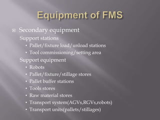    Secondary equipment
    Support stations
      • Pallet/fixture load/unload stations
      • Tool commissioning/setting area
    Support equipment
      • Robots
      • Pallet/fixture/stillage stores
      • Pallet buffer stations
      • Tools stores
      • Raw material stores
      • Transport system(AGVs,RGVs,robots)
      • Transport units(pallets/stillages)
 