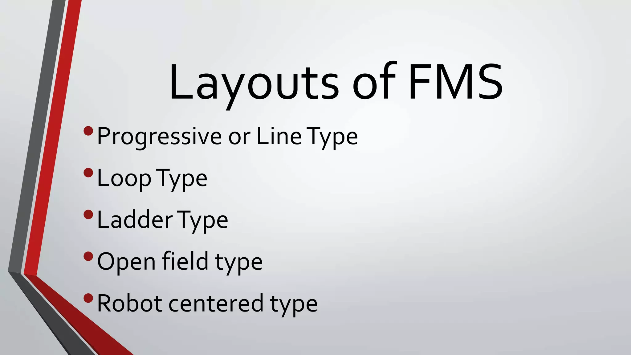 Layouts of FMS
•Progressive or LineType
•LoopType
•LadderType
•Open field type
•Robot centered type
 