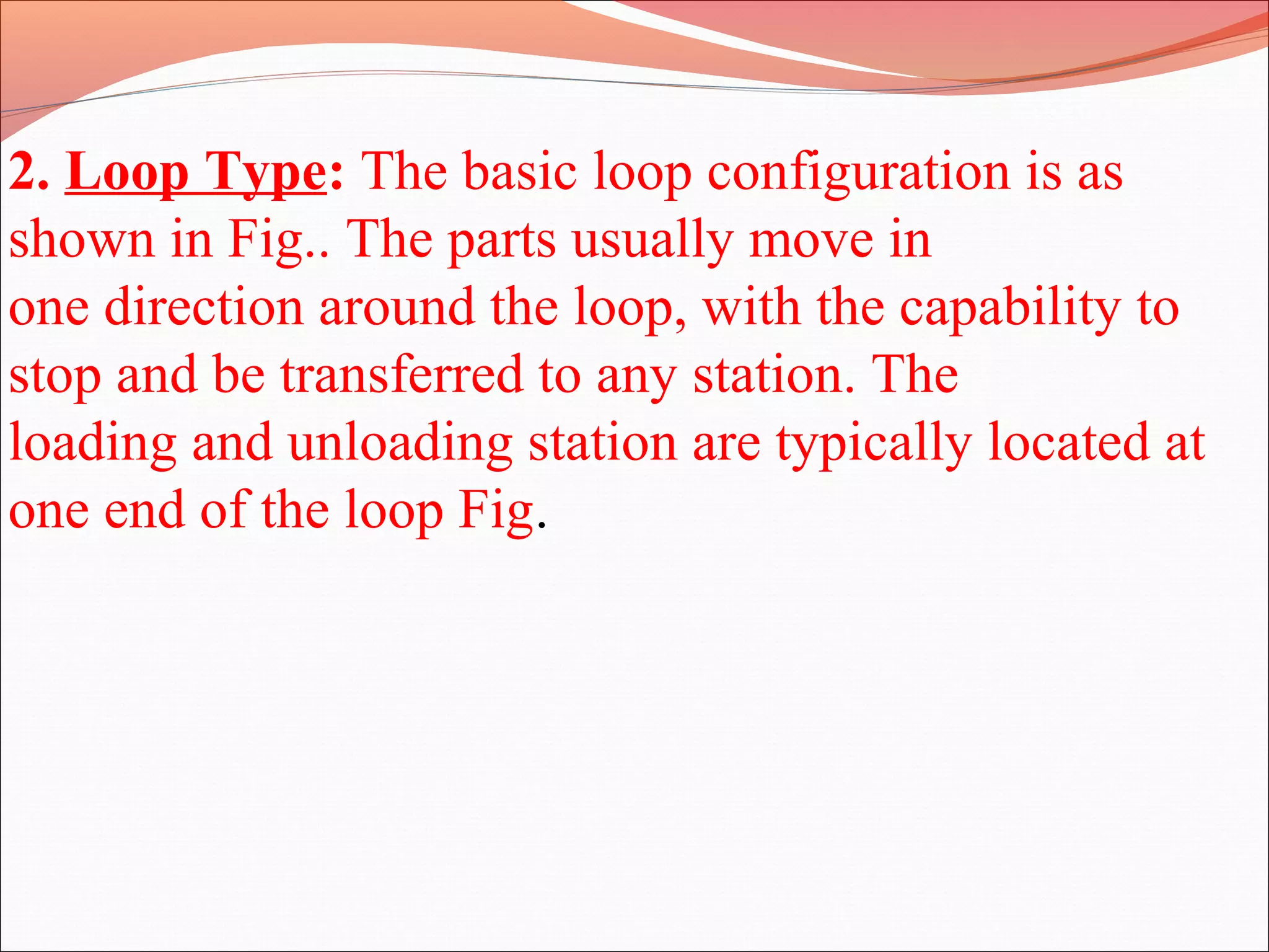 2. Loop Type: The basic loop configuration is as
shown in Fig.. The parts usually move in
one direction around the loop, with the capability to
stop and be transferred to any station. The
loading and unloading station are typically located at
one end of the loop Fig.
 