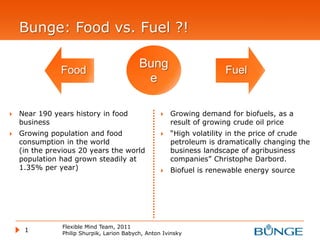 Bunge: Food vs. Fuel ?! Flexible Mind Team, 2011 Philip Shurpik, LarionBabych, Anton Ivinsky 1 Bunge Near 190 years history in food business Growing population and food consumption in the world           (in the previous 20 years the world population had grown steadily at 1.35% per year) Growing demand for biofuels, as a result of growing crude oil price “High volatility in the price of crude petroleum is dramatically changing the business landscape of agribusiness companies” Christophe Darbord. Biofuel is renewable energy source 