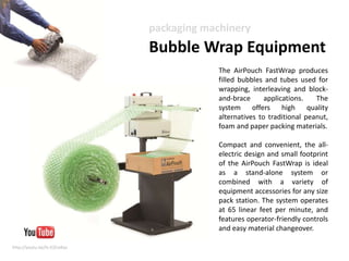 AirPouch Pillows 
void-fill air pillow systems provide on-demand high packing productivity & reduced shipping cost 
 