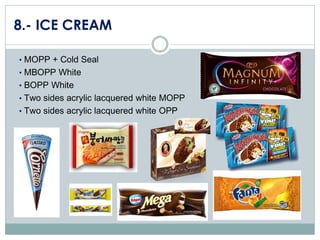 8.- ICE CREAM
• MOPP + Cold Seal
• MBOPP White
• BOPP White

• Two sides acrylic lacquered white MOPP
• Two sides acrylic lacquered white OPP

 