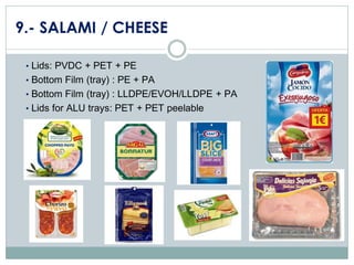 9.- SALAMI / CHEESE
• Lids: PVDC + PET + PE

• Bottom Film (tray) : PE + PA
• Bottom Film (tray) : LLDPE/EVOH/LLDPE + PA

• Lids for ALU trays: PET + PET peelable

 