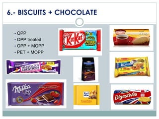 6.- BISCUITS + CHOCOLATE
• OPP
• OPP treated
• OPP + MOPP
• PET + MOPP

 