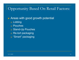 Opportunity Based On Retail Factors:
Areas with good growth potential
Lidding
Pouches
Stand-Up Pouches
Re-tort packaging
“...