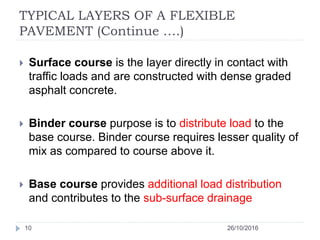 TYPICAL LAYERS OF A FLEXIBLE
PAVEMENT (Continue ….)
26/10/201610
 Surface course is the layer directly in contact with
traffic loads and are constructed with dense graded
asphalt concrete.
 Binder course purpose is to distribute load to the
base course. Binder course requires lesser quality of
mix as compared to course above it.
 Base course provides additional load distribution
and contributes to the sub-surface drainage
 