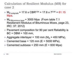 Calculation of Resilient Modulus (MR) for
case 2
26/10/2016105
 MR subgrade = 17.6 x CBR0.64 = 17.6 x 70.64 = 61.15
Mpa.
 MR Bituminous layer = 3000 Mpa (From table 7.1
Resilienent Modulus of Bituminous Mixes, page 23,
IRC: 37: 2012)
 Pavement composition for 90 per cent Reliability is
BC + DBM = 100 mm,
 Aggregate interlayer = 100 mm (MR = 450 MPa),
 Cemented base = 120 mm (E = 5000 MPa),
 Cemented subbase = 250 mm (E = 600 Mpa)
 